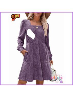 Nursing Maternity Sweater Dress Square Neck Babydoll Pockets
